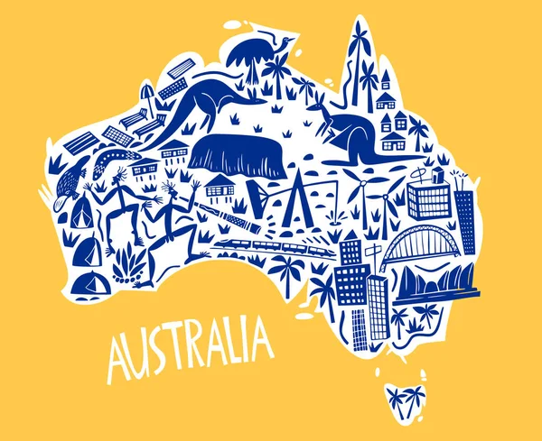 Vector Handgezeichnete Stilisierte Landkarte Von Australien Illustration Von Sehenswürdigkeiten Des — Stockvektor