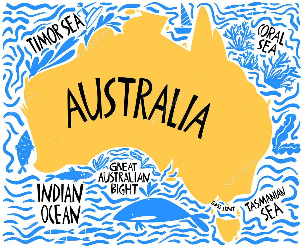 Vector hand drawn stylized map of Australia. Travel illustration of Commonwealth of Australia and waters. Hand drawn lettering illustration. South lands map element