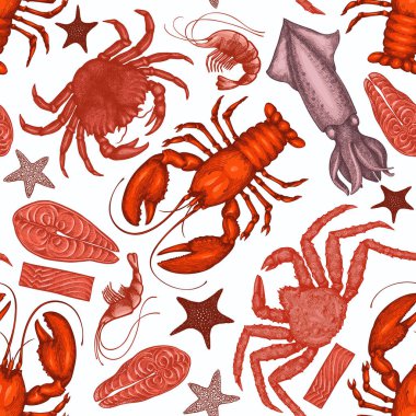 Deniz ürünleri desenli. El çizimi deniz ürünleri çizimi. İşlenmiş stil yemek afişi. Eski deniz hayvanları arka planı