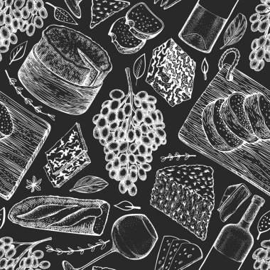 Fransız yemek çizimleri kusursuz. Tebeşir tahtasında el çizimi vektör piknik resimleri. Oymalı stil farklı aperatif ve şarap tasarımı. Antika gıda arka planı.