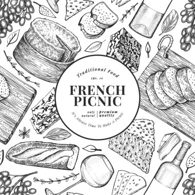 Fransız yemek tasarım şablonu. Elle çizilmiş vektör piknik yemeği çizimleri. İşlenmiş stil farklı aperatif ve şarap afişi. Antika gıda arka planı.