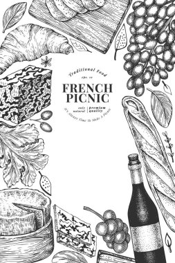 Fransız yemek tasarım şablonu. Elle çizilmiş vektör piknik yemeği çizimleri. İşlenmiş stil farklı aperatif ve şarap afişi. Antika gıda arka planı.