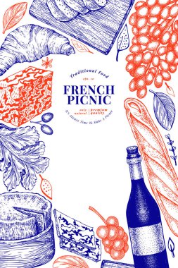 Fransız yemek tasarım şablonu. Elle çizilmiş vektör piknik yemeği çizimleri. İşlenmiş stil farklı aperatif ve şarap afişi. Antika gıda arka planı.