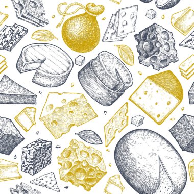 Peynir izi yok. El çizimi vektör sütçü çizimi. İşlenmiş stil farklı peynir türleri. Retro gıda arka planı.