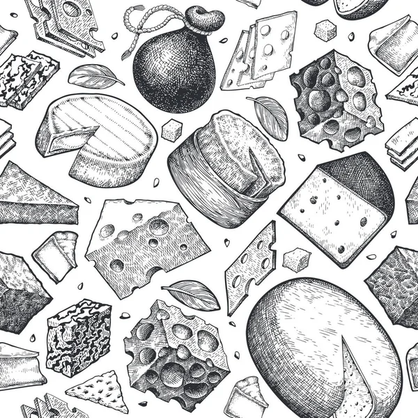 Padrão Sem Emenda Queijo Ilustração Leite Vetorial Desenhado Mão Estilo —  Vetores de Stock