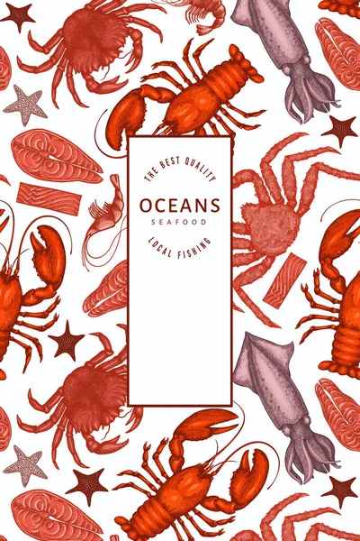 シーフードデザインテンプレート 手描きベクトルシーフードイラスト 刻まれたスタイルのフードバナー レトロな海の動物の背景 — ストックベクタ