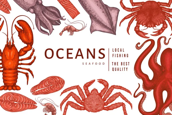 Szablon Projektu Owoców Morza Ręcznie Rysowane Wektorowe Owoce Morza Ilustracji — Wektor stockowy