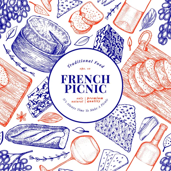 Plantilla Diseño Ilustración Comida Francesa Ilustraciones Comida Picnic Vectorial Dibujado — Archivo Imágenes Vectoriales