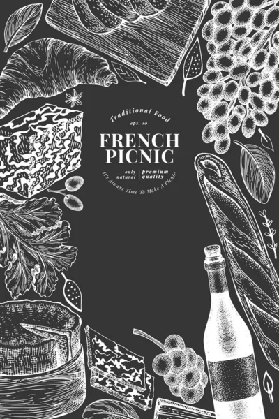 法国食品插图设计模板 粉笔板上手工绘制的矢量野餐用膳图解 雕刻风格不同的小吃和葡萄酒横幅 陈腐食品背景 — 图库矢量图片