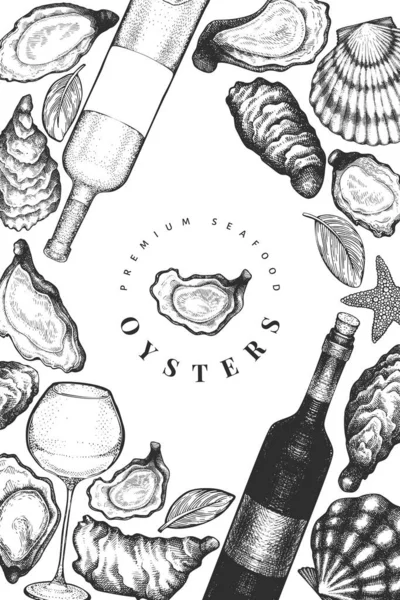 Stiridye Şarap Tasarım Şablonu Çizimi Vektör Çizimi Deniz Ürünleri Afişi — Stok Vektör