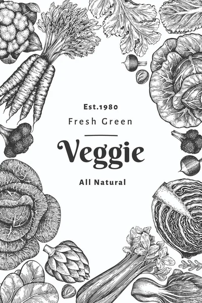 Dibujo Dibujado Mano Diseño Verduras Plantilla Banner Alimentos Frescos Orgánicos — Vector de stock