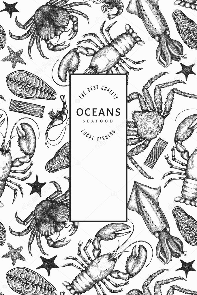 Seafood design template. Hand drawn vector seafood illustration. Engraved style food banner. Retro sea animals background