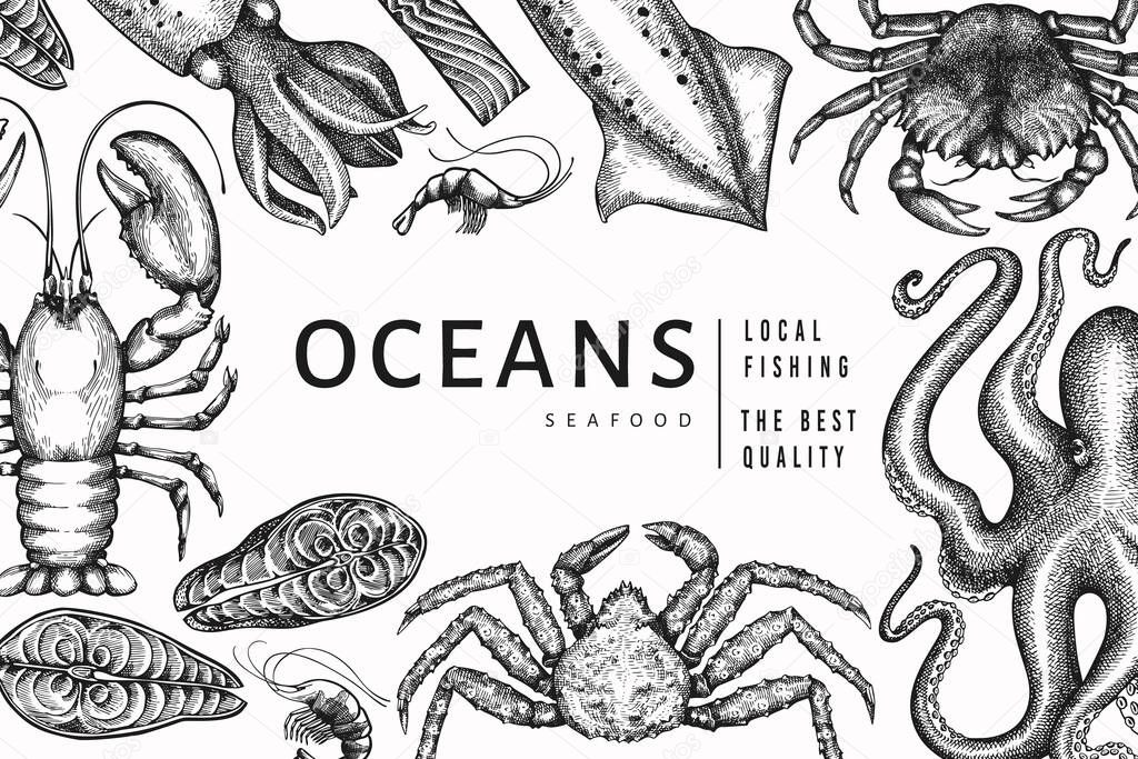 Seafood design template. Hand drawn vector seafood illustration. Engraved style food banner. Retro sea animals background