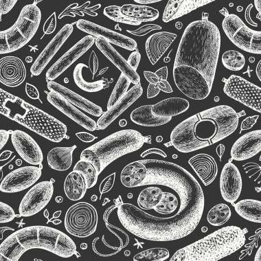 Vintage vektör et ürünleri kusursuz desen. El yapımı sosis, sosis ve otlar. Tebeşir tahtasında et yemeği retro çizimleri