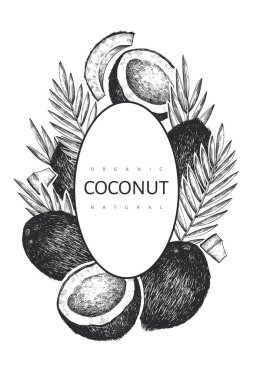 Palmiye yapraklı hindistan cevizi tasarım şablonu. El çizimi vektör besin çizimi. İşlenmiş stil egzotik bitki. Retro botanik arka plan.
