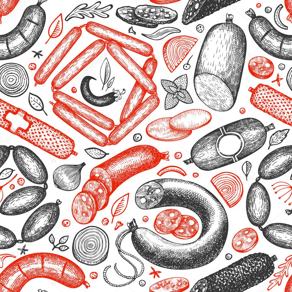 Vintage vector meat products seamless pattern. Hand drawn sausage, wurst and herbs background. Meat food vintage illustrations