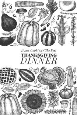 Şükran Günü bayrağınız kutlu olsun. Vektör el çizimleri. Geçmişe dönük Şükran Günü tasarım şablonu. Sonbahar arkaplanı.