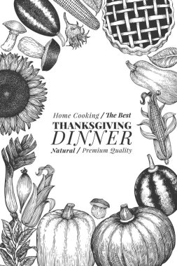 Şükran Günü bayrağınız kutlu olsun. Vektör el çizimleri. Geçmişe dönük Şükran Günü tasarım şablonu. Sonbahar arkaplanı.