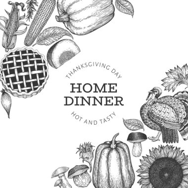 Şükran Günü bayrağınız kutlu olsun. Vektör el çizimleri. Geçmişe dönük Şükran Günü tasarım şablonu. Sonbahar arkaplanı.