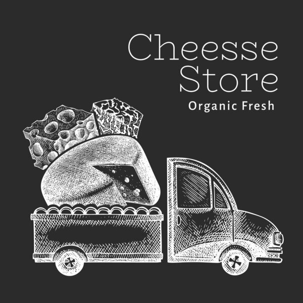 Cheese shop delivery logo template. Hand drawn vector truck with cheese illustration on chalk board. Engraved style retro food design.