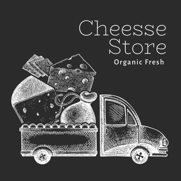 チーズショップ配送ロゴテンプレート チョークボード上のチーズイラストと手描きベクトルトラック 刻まれたスタイルのレトロなフードデザイン — ストックベクタ
