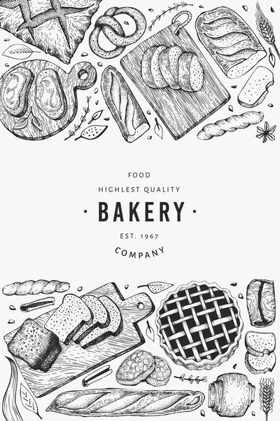 Ψωμί Και Ζαχαροπλαστείο Vector Αρτοποιείο Χέρι Ζωγραφισμένα Εικόνα Πρότυπο Vintage — Διανυσματικό Αρχείο