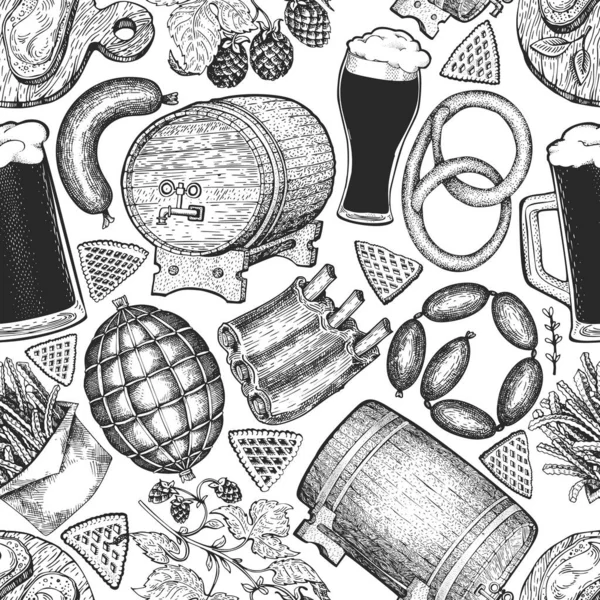Bezproblémový Vzor Říjnového Festivalu Vektorové Ručně Kreslené Ilustrace Pozdrav Pivní — Stockový vektor