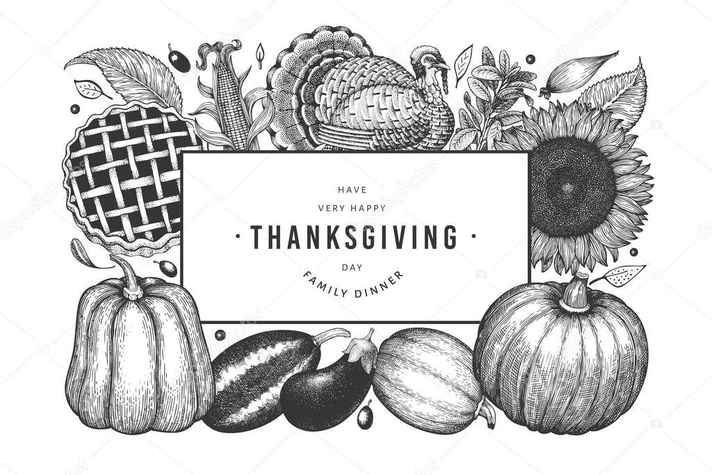 Happy Thanksgiving Day banner. Vector hand drawn illustrations. Greeting Thanksgiving design template in retro style. Autumn background.