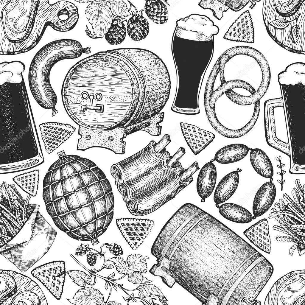 Octoberfest seamless pattern. Vector hand drawn illustrations. Greeting Beer festival design in retro style. Autumn background.