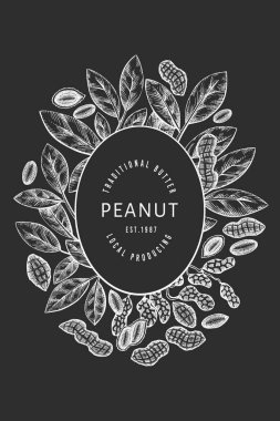 El yapımı fıstık dalı ve çekirdek dizayn şablonu. Tebeşir tahtasında organik gıda vektör çizimi. Retro fındık çizimi. İşlenmiş biçim botanik resim.