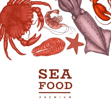 Deniz ürünleri tasarım şablonu. El çizimi deniz ürünleri çizimi. İşlenmiş stil yemek afişi. Eski deniz hayvanları arka planı