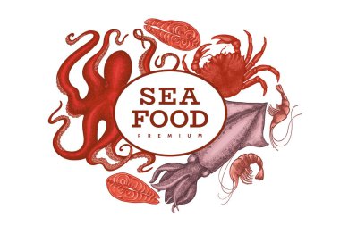 Deniz ürünleri tasarım şablonu. El çizimi deniz ürünleri çizimi. İşlenmiş stil yemek afişi. Eski deniz hayvanları arka planı