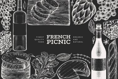 Fransız yemek tasarım şablonu. Tebeşir tahtasında el çizimi vektör piknik resimleri. İşlenmiş stil farklı aperatif ve şarap afişi. Antika gıda arka planı.