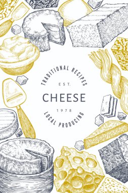 Peynir tasarım şablonu. El çizimi vektör sütçü çizimi. İşlenmiş stil farklı peynir türleri afişi. Retro gıda arka planı.