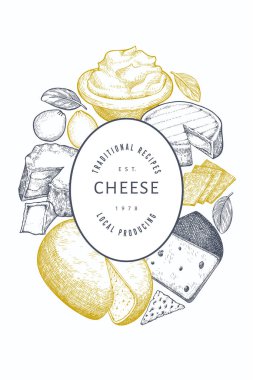 Peynir tasarım şablonu. El çizimi vektör sütçü çizimi. İşlenmiş stil farklı peynir türleri afişi. Retro gıda arka planı.