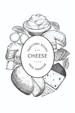 Peynir tasarım şablonu. El çizimi vektör sütçü çizimi. İşlenmiş stil farklı peynir türleri afişi. Retro gıda arka planı.