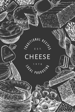 Peynir tasarım şablonu. Tebeşir tahtasında elle çizilmiş vektör mandırası çizimi. İşlenmiş stil farklı peynir türleri afişi. Antika gıda arka planı.