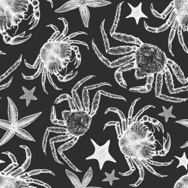 Deniz ürünleri desenli. Tebeşirle çizilmiş el yapımı deniz ürünleri çizimi. Klasik yemek afişi. Retro deniz hayvanları arka planı