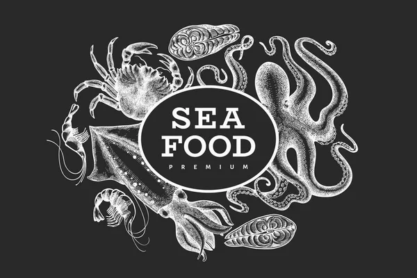 Meeresfrüchte Design Vorlage Handgezeichnete Vektorillustration Von Meeresfrüchten Auf Kreidetafel Lebensmittelbanner — Stockvektor