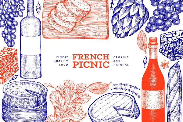 フランス料理イラストデザインテンプレート 手描きベクトルピクニック食事イラスト スタイルの異なるスナックやワインのバナーを刻ま ヴィンテージフードの背景 — ストックベクタ