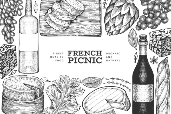 法国食品插图设计模板 手绘矢量野餐餐插图 雕刻风格不同的小吃和葡萄酒横幅 陈腐食品背景 — 图库矢量图片