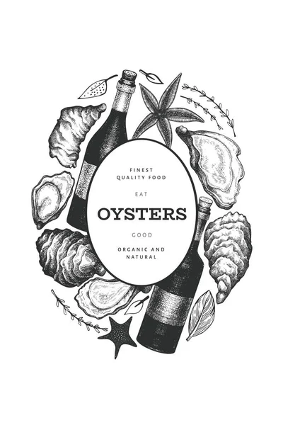 牡蛎和葡萄酒设计模板 手绘矢量图解 海鲜横幅 可用于设计菜单 鱼市场 海鲜产品 — 图库矢量图片
