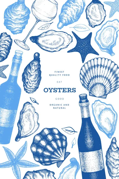 Oysters Wine Design Template Hand Drawn Vector Illustration Seafood Banner — Stock Vector