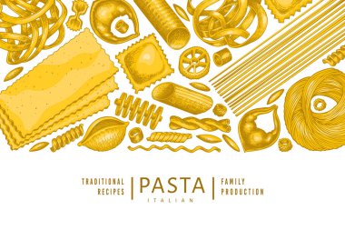 Italian pasta design template. Hand drawn vector food illustration. Vintage pasta different kinds background. clipart