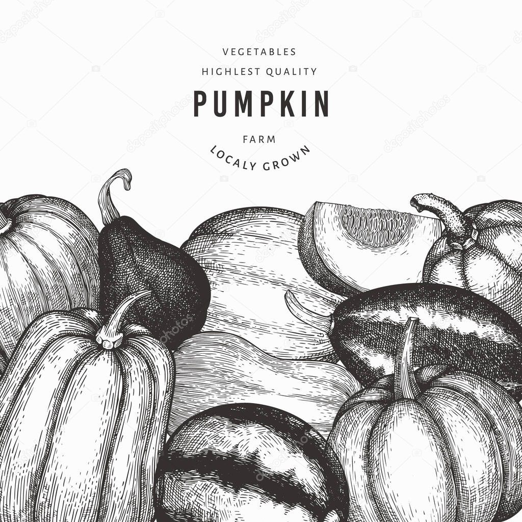 Pumpkin design template. Vector hand drawn illustrations. Thanksgiving backdrop in retro style with pumpkin harvest. Autumn background.