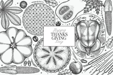 Vektör El, Şükran Günü Menüsü Tasarım Şablonu. Festive Food Illustration. Klasik Aile Yemeği Arkaplanı