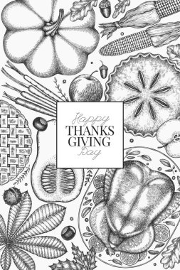 Vektör El, Şükran Günü Menüsü Tasarım Şablonu. Festive Food Illustration. Klasik Aile Yemeği Arkaplanı