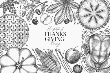 Vektör El, Şükran Günü Menüsü Tasarım Şablonu. Festive Food Illustration. Klasik Aile Yemeği Arkaplanı