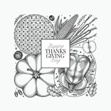 Vektör El, Şükran Günü Menüsü Tasarım Şablonu. Festive Food Illustration. Klasik Aile Yemeği Arkaplanı