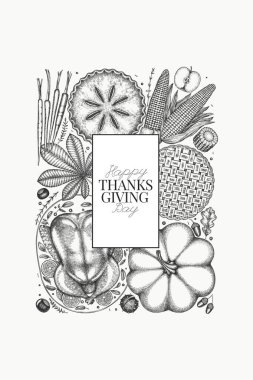 Vektör El, Şükran Günü Menüsü Tasarım Şablonu. Festive Food Illustration. Klasik Aile Yemeği Arkaplanı